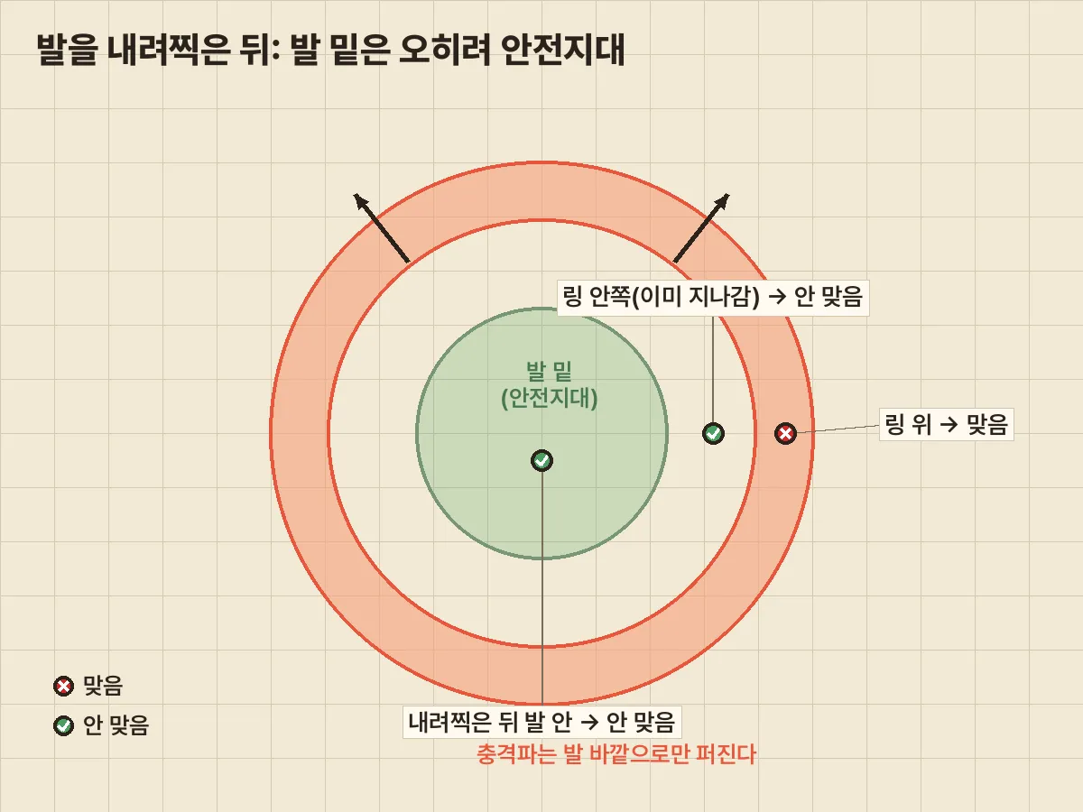 거대 발 충격파 판정 도표. 가운데 발 밑은 안전지대, 충격파 링 위는 맞음, 이미 지나간 링 안쪽은 안 맞음으로 표시했다