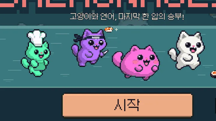 Salmonholic 타이틀 화면에서 요리사, 닌자, 모찌, 기본 고양이가 강물 위를 달리는 모습