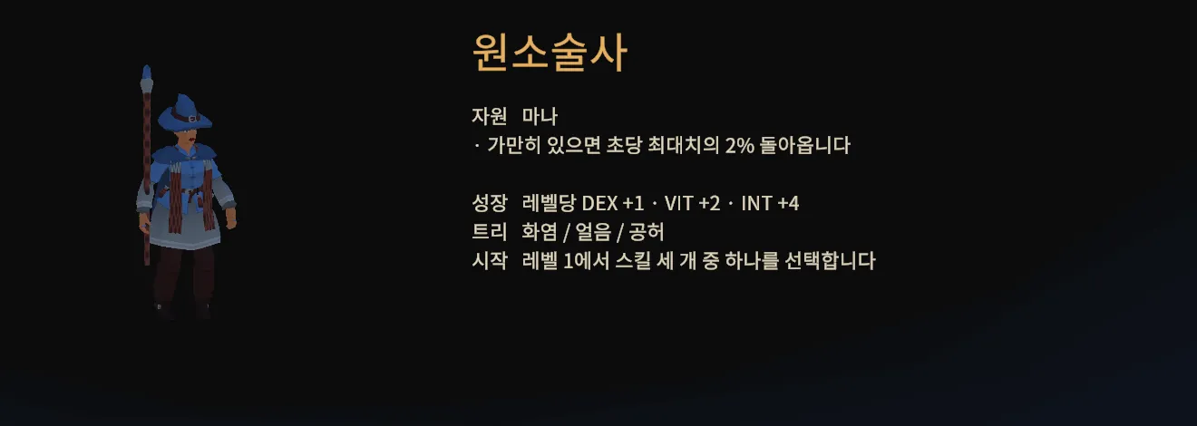 원소술사를 고른 클래스 선택 화면. 마나 회복 초당 2%라고 적혀 있다