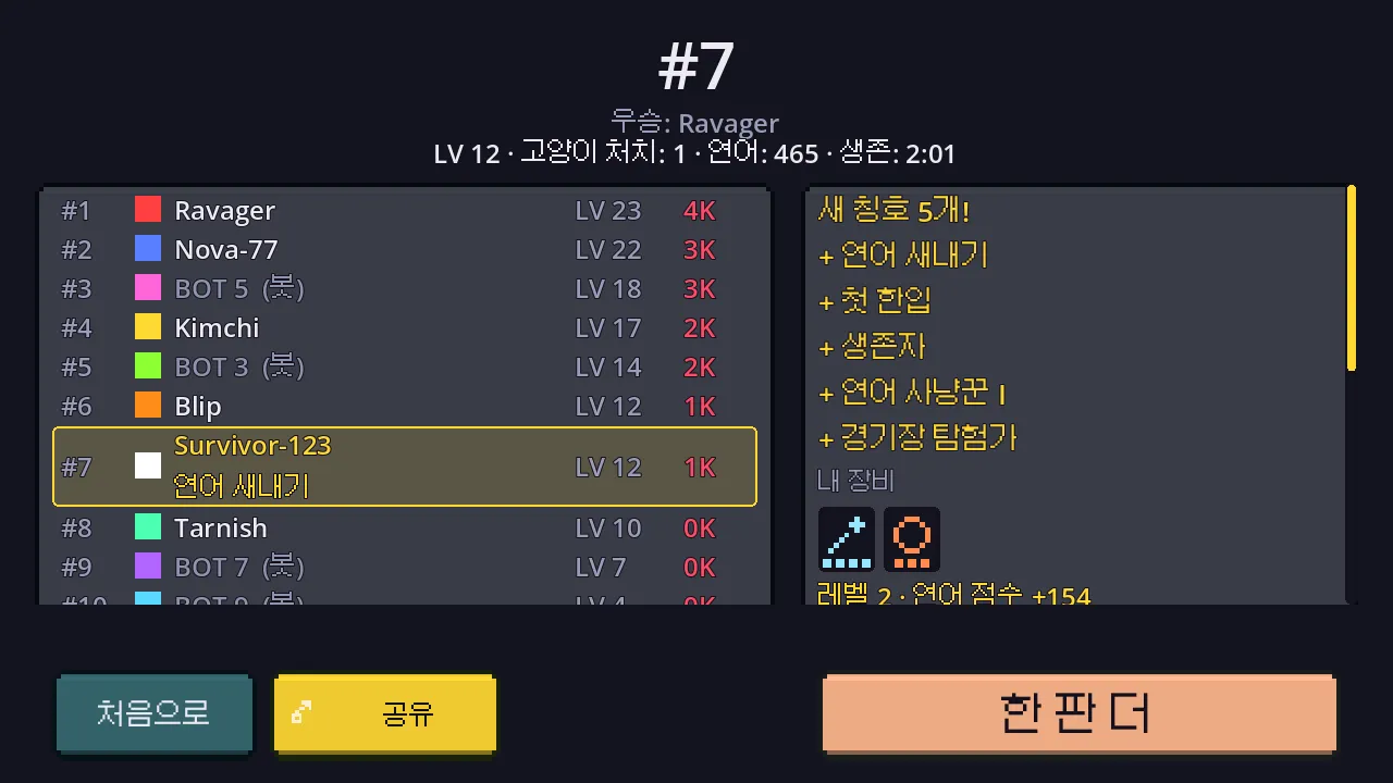 첫 경기 결과 화면에서 새 칭호 5개와 연어 새내기, 첫 한입, 생존자, 연어 사냥꾼 I, 경기장 탐험가가 나열된 모습