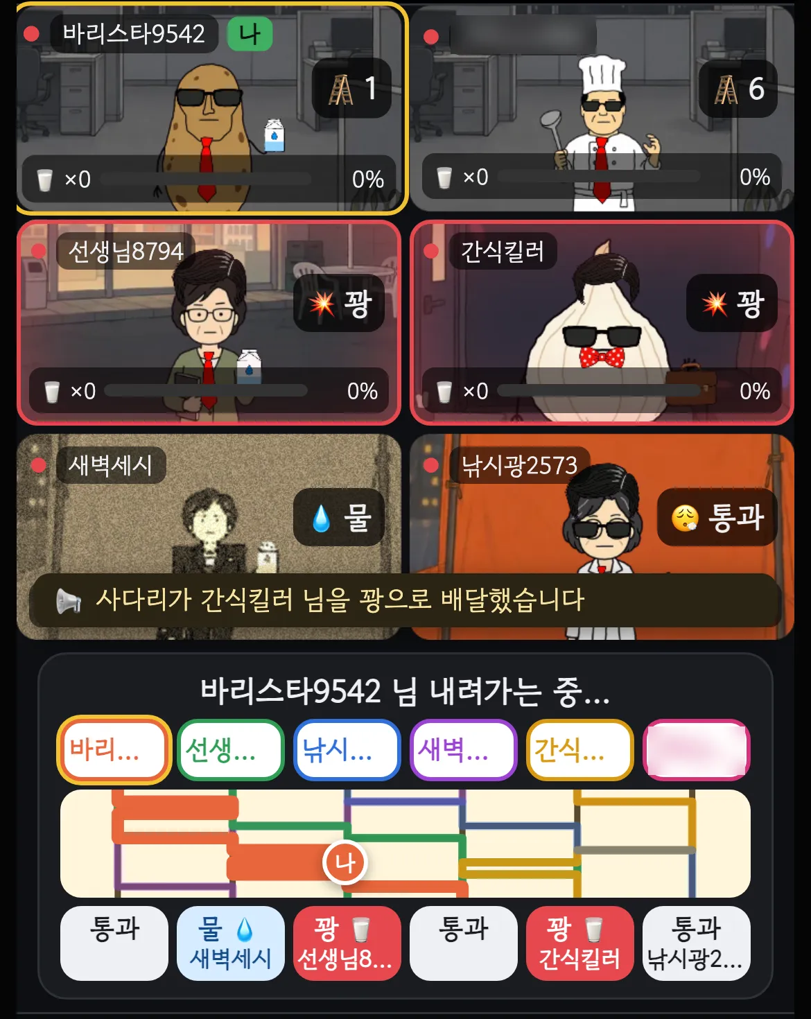 사다리가 한 층씩 공개되고 경로를 따라 내려가는 화면