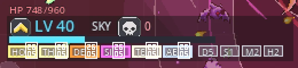 무기 슬롯 라벨에 네모 모양 두부 글리프가 찍힌 HUD
