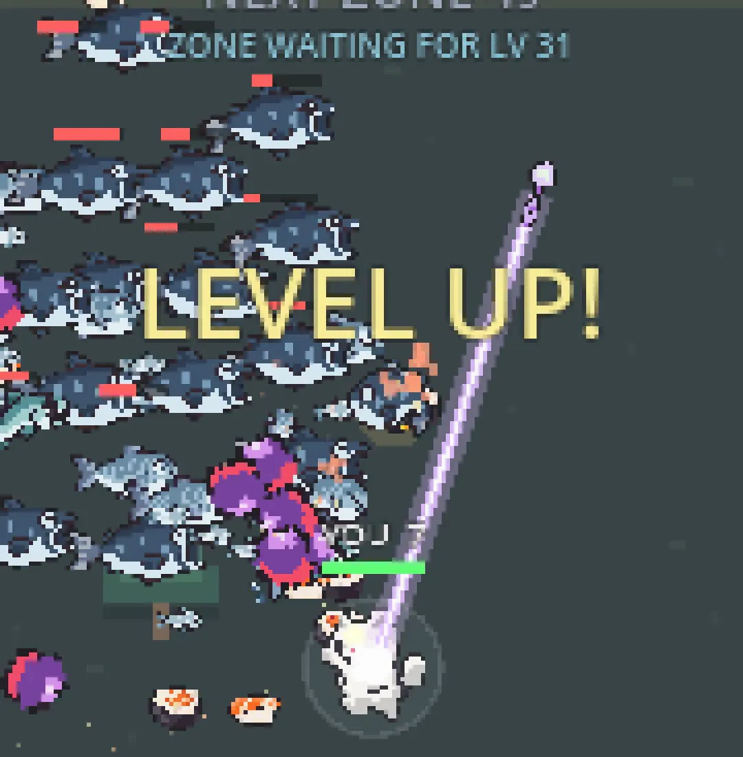 세로 화면 위쪽에 ZONE WAITING FOR LV 31 문구가 뜨고 고양이가 연어 떼와 싸우는 장면